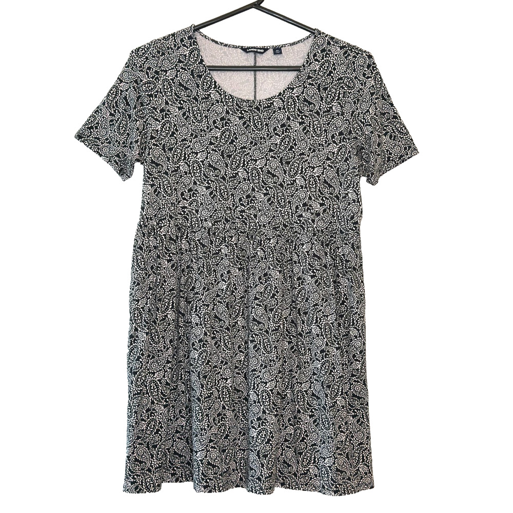 Lands End Dress Womens 2X Black Paisley Short Sleeve Scoop Neck Pockets Empire
